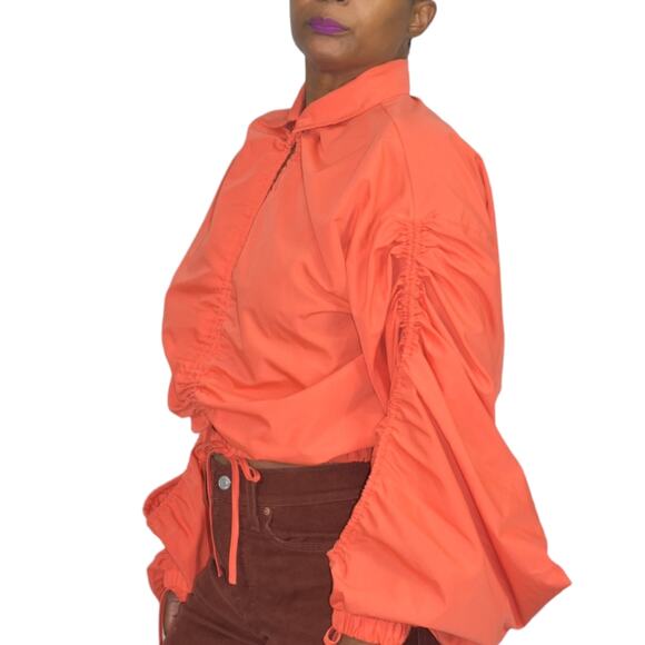 Love Highlight Bubble Sleeve Top Orange Blouse Ruched Cropped Slouchy Size Small - Picture 3 of 15